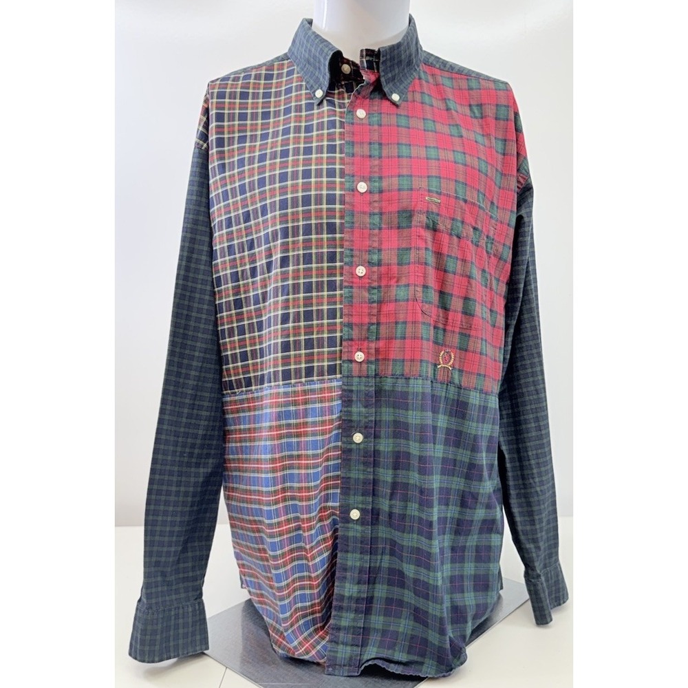 Vintage Tommy Hilfiger Plaid Colorblock Long Sleeve Crest Preppy Y2K Mens Large